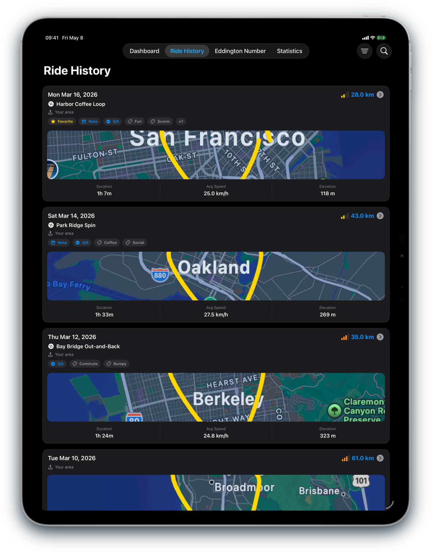 Bikingo Ride History on iPad in dark mode