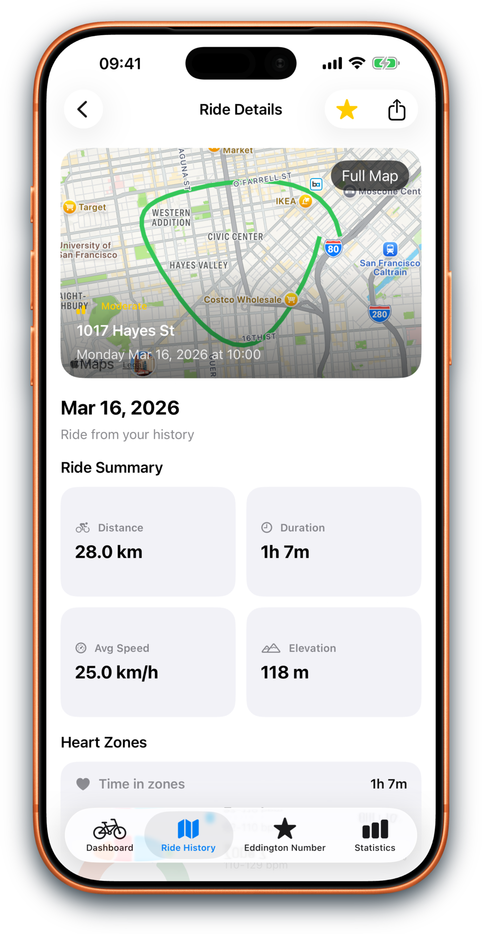 Bikingo Ride Detail screenshot with route and ride context