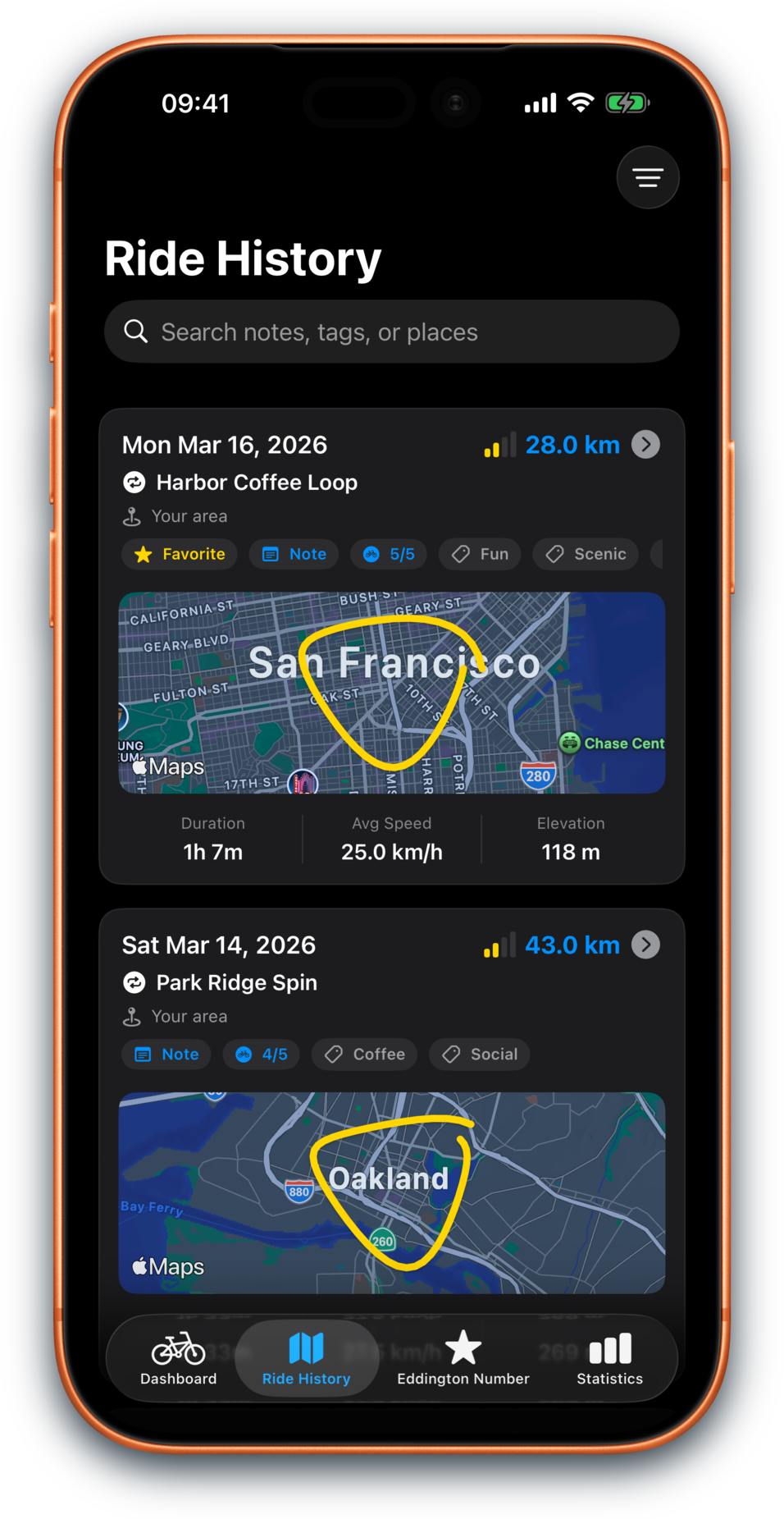 Bikingo Ride History screenshot in dark mode
